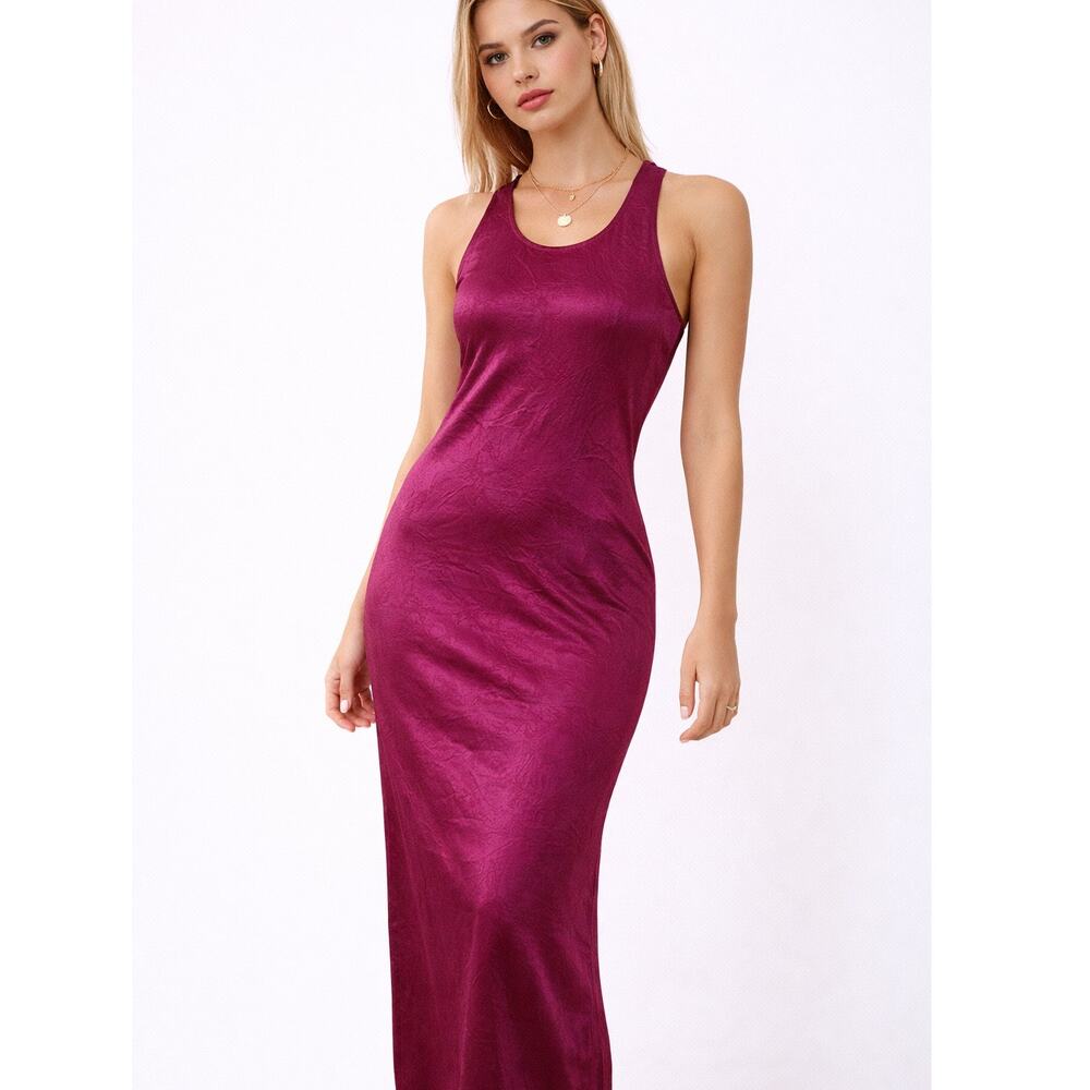 House of Harlow 1960 Revolve Satin Maxi Dress Fuchsia Crinkle Slip Tie Back L